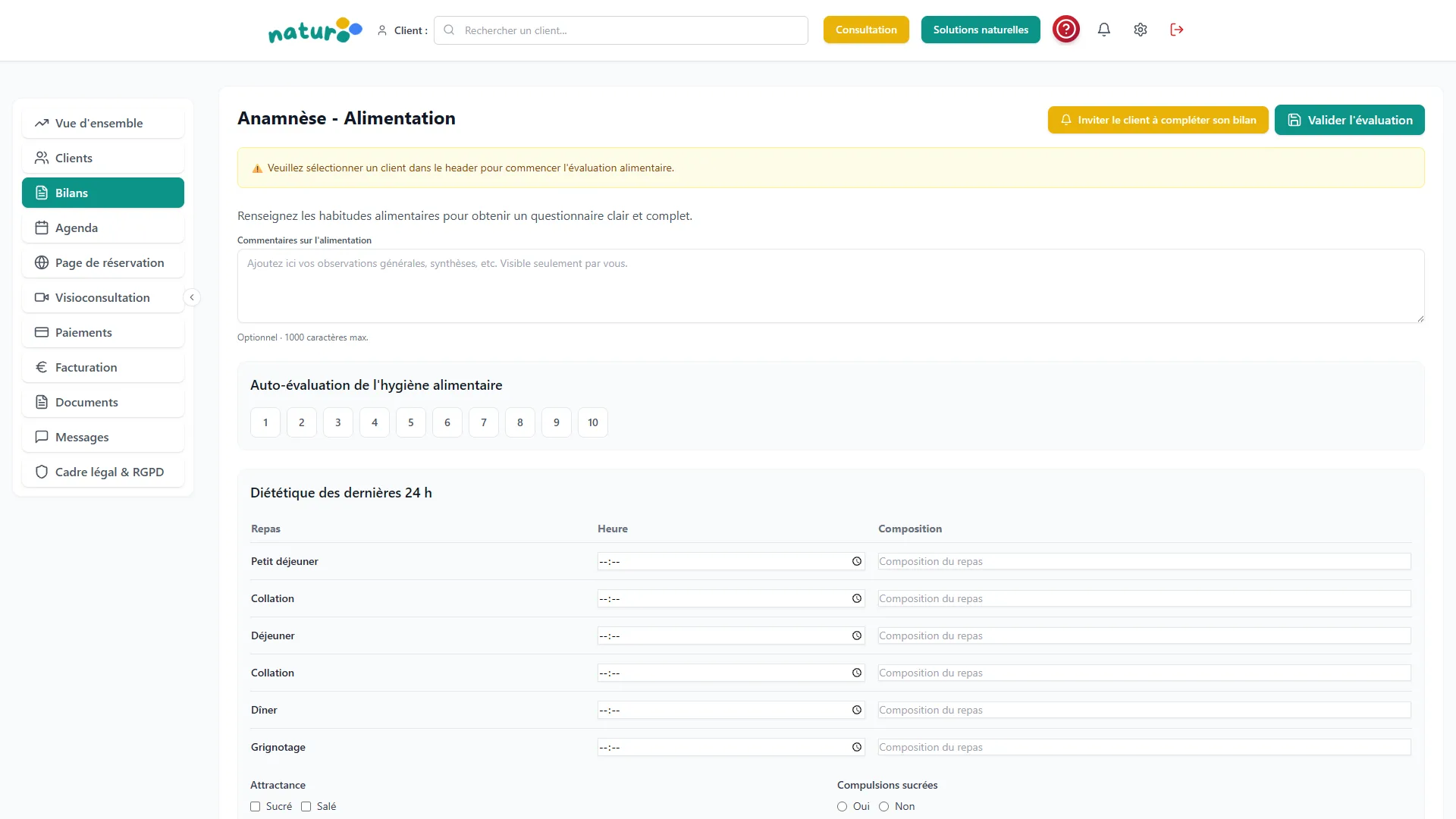 Bilan alimentation Naturooo - analyse régime naturopathe
