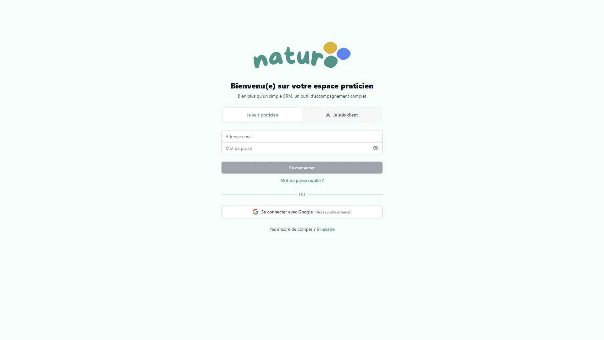 Écran de connexion Naturooo pour praticiens naturopathes - logiciel gestion cabinet