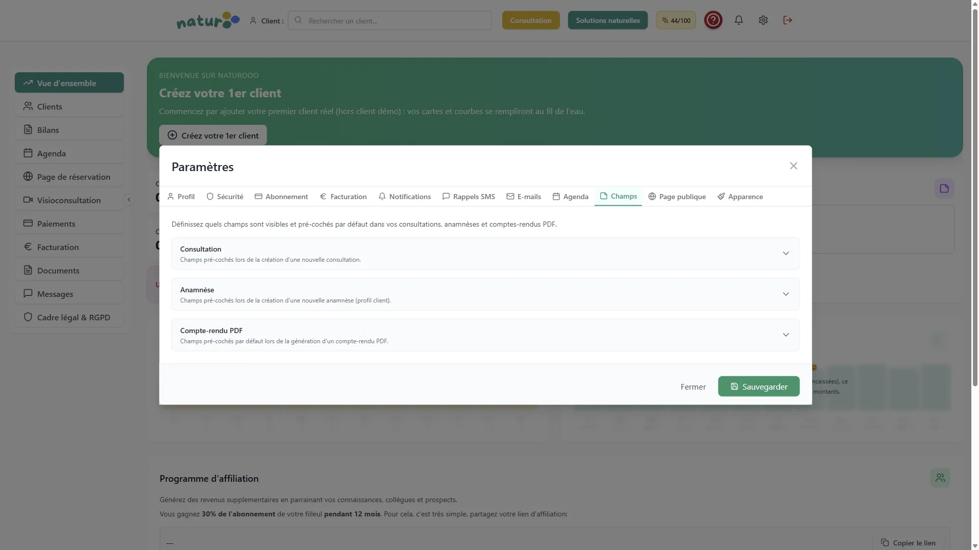 Champs consultation Naturooo - personnalisation naturopathe