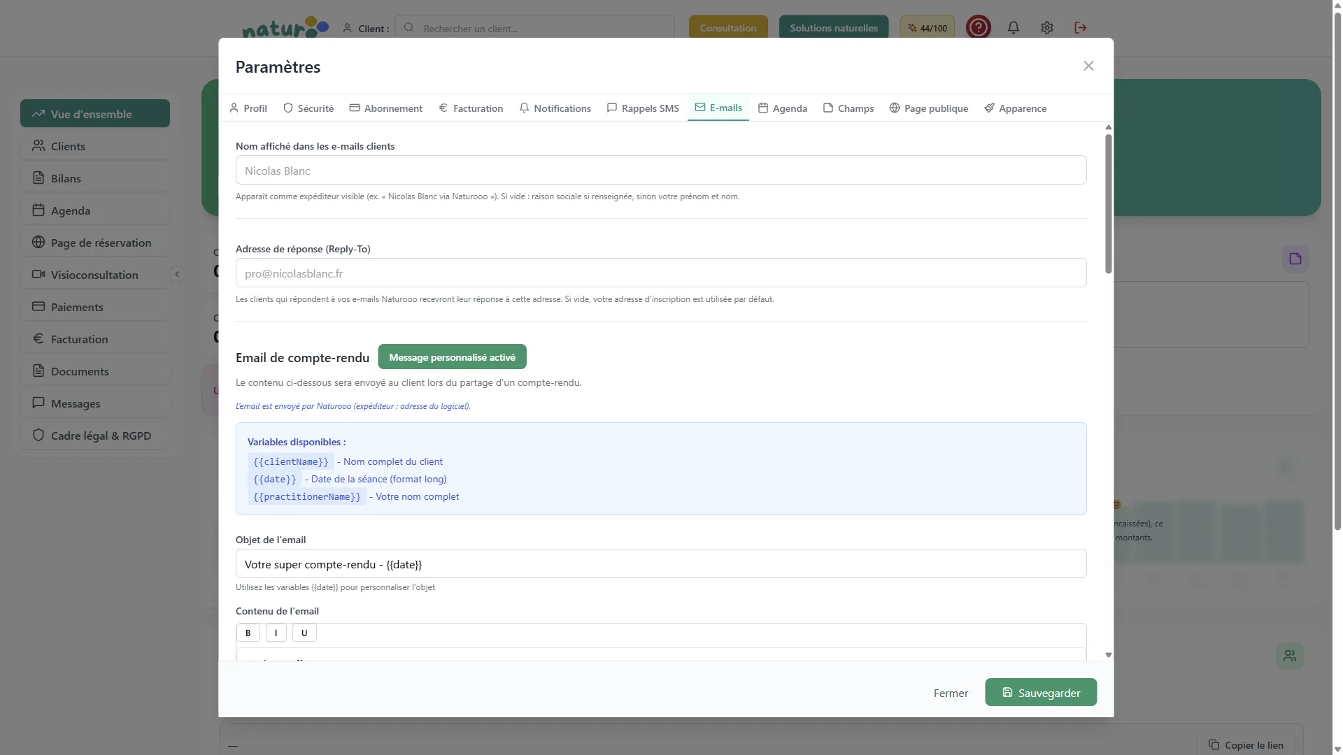 Modèles e-mails Naturooo - communication clients naturopathe