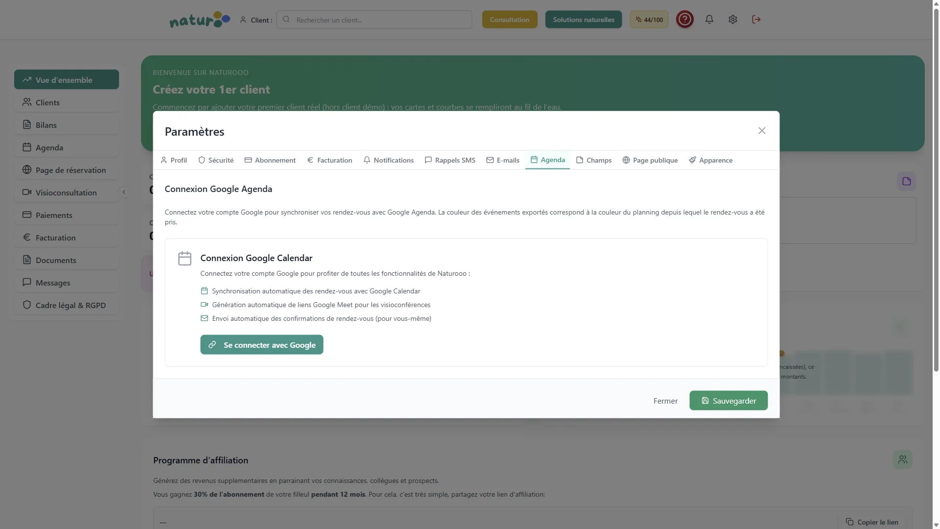Synchronisation Google Calendar Naturooo - agenda naturopathe