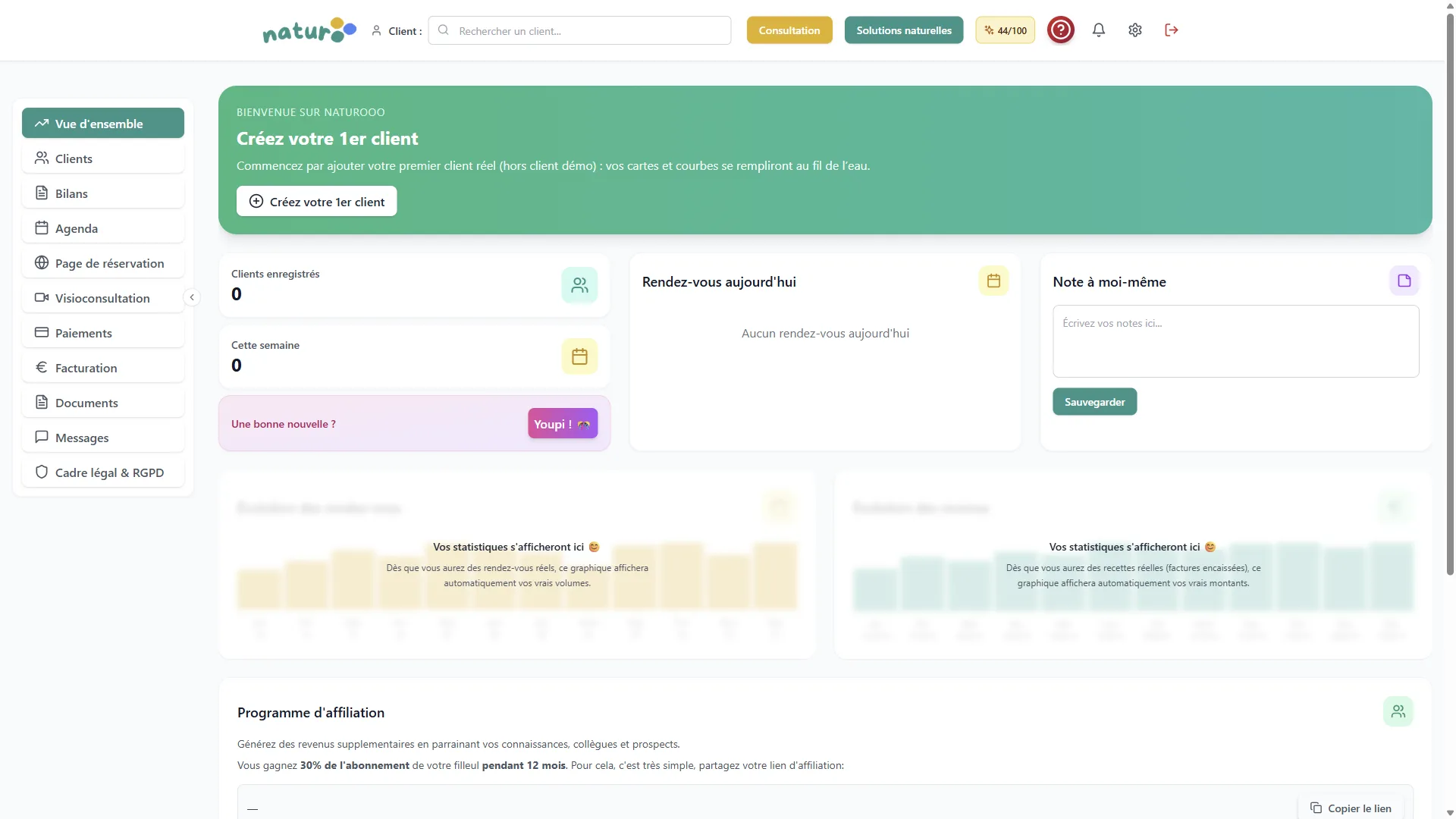 Tableau de bord Naturooo vue d'ensemble - logiciel gestion cabinet naturopathe